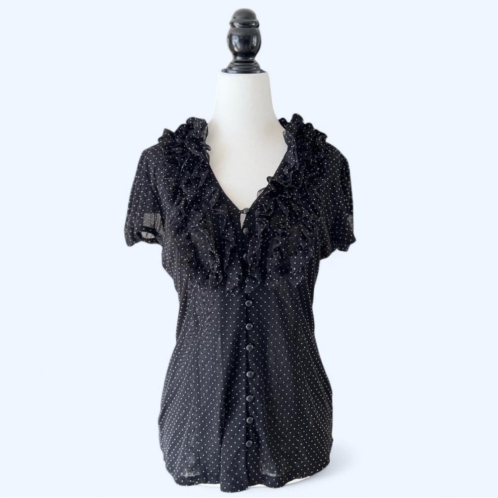 Vintage INC Black and White Polka Dot Ruffled Collar Blouse L